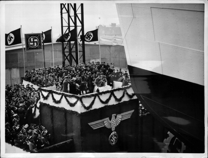Adolf Hitler makes a speech for the launch of the new KdF boat Robert Ley in Hamburg